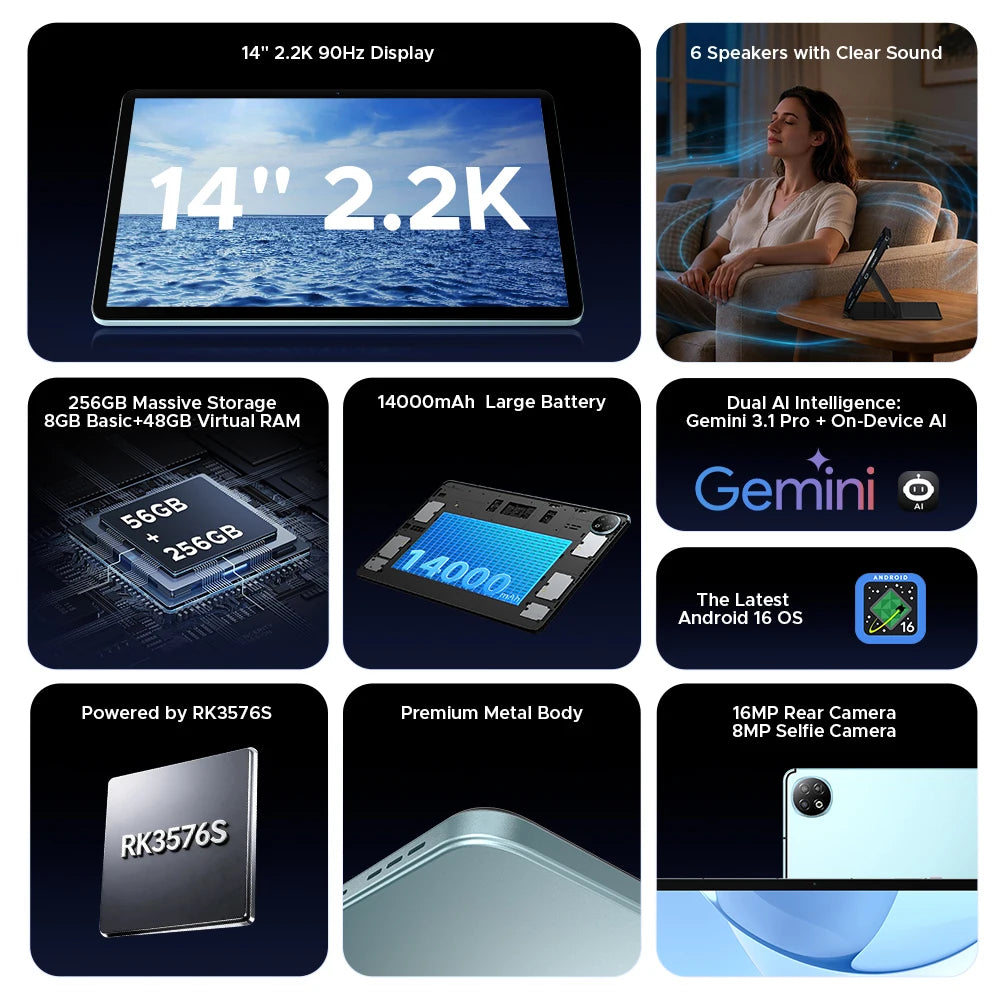Tableta inteligente Doogee U14, Android, pantalla de 14 pulgadas y resolución 2.2K, 56 GB (8+48), 256 GB, batería de 14000 mAh, Wi-Fi 6, compatibilidad con Gemini AI y Widevine L1.