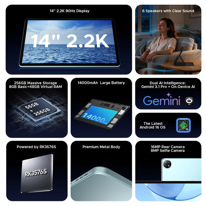 Tableta inteligente Doogee U14, Android, pantalla de 14 pulgadas y resolución 2.2K, 56 GB (8+48), 256 GB, batería de 14000 mAh, Wi-Fi 6, compatibilidad con Gemini AI y Widevine L1.