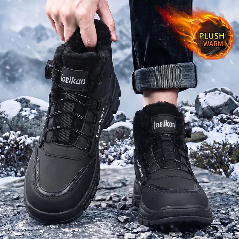 Botas de invierno cálidas de forro polar para hombre, con hebilla giratoria, caña alta, suela gruesa antideslizante, zapatos cómodos para la temporada fría y uso diario en la ciudad.