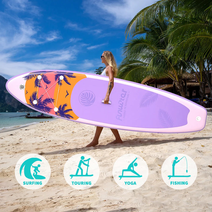 SUP hinchable Funwater SUPFW55C, 335x84x15 cm, 165 kg+, tabla de paddle surf rosa y lila con palmeras tropicales para yoga, escapadas a la playa, rutas en lagos y pesca tranquila, accesorios incluidos