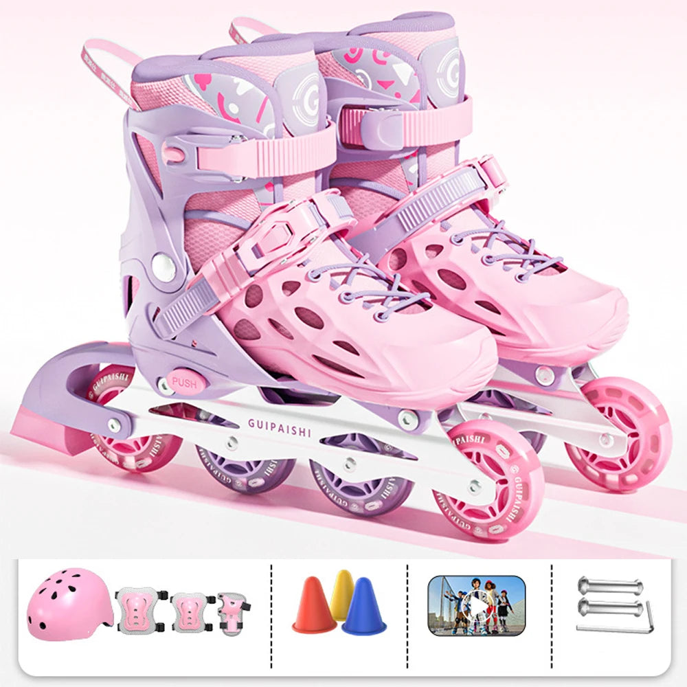 Patines en línea con casco, coderas y rodilleras, juego de bolsa para zapatos, zapatillas Flash de 4 ruedas para niños y niñas, zapatos de Skate ajustables