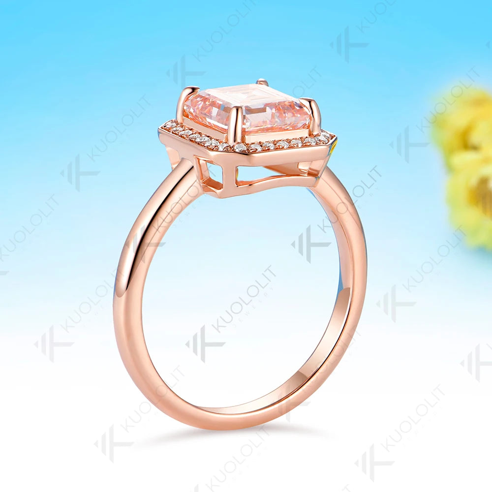 Anillo de Diamantes de Laboratorio Rosa Fantasía IGI de 2.5CT Kuololit para Mujer, Anillo de Eternidad Asscher de Oro Amarillo Sólido de 14K para Compromiso y Navidad