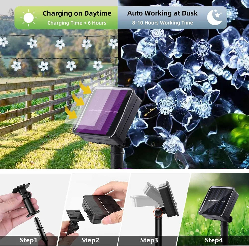 Guirnalda de luces LED solares para exteriores con flores de cerezo, 8 modos de iluminación, decoración solar para camping, jardín y Navidad