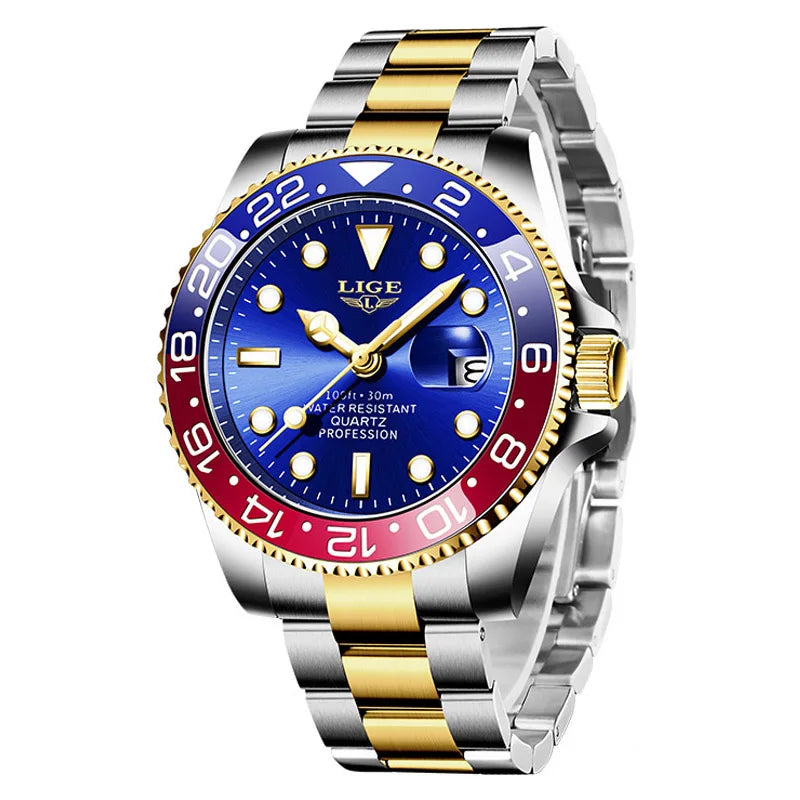 LIGE Reloj de cuarzo de lujo para hombre, marca de moda, de negocios, luminoso, impermeable, de acero, reloj deportivo, regalo para hombre
