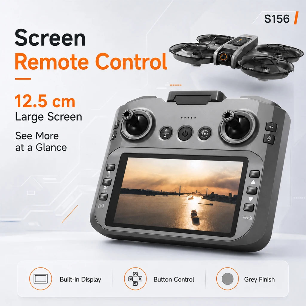 Control remoto con pantalla integrada y drone plegado con hélices negras.
