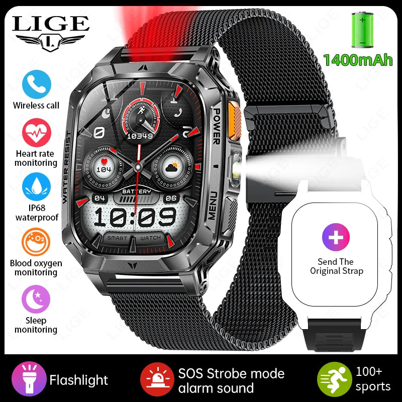 LIGE Outdoor Military Smart Watch Men 1400mAh Big Battery LED Flashlight SOS Alarm Bluetooth Call 100+Sports Modes Waterproof Smartwatch For Android IOS