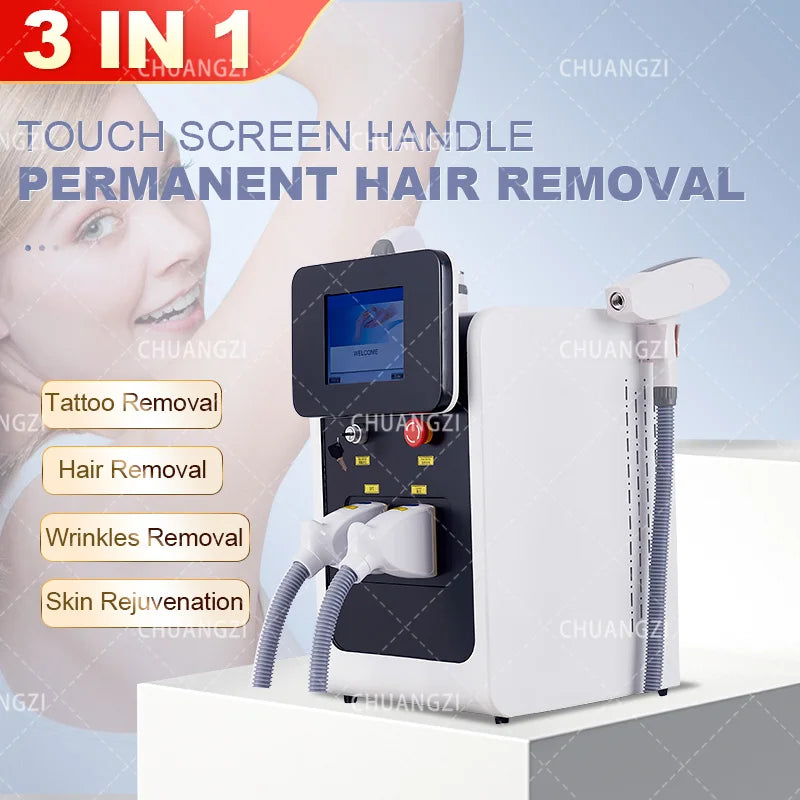 Máquina de Belleza Multifuncional 3 en 1 OPT IPL RF Nd Yag Láser, Funciones de Depilación sin Dolor, Eliminación de Tatuajes, Eliminación de Pecas y Manchas