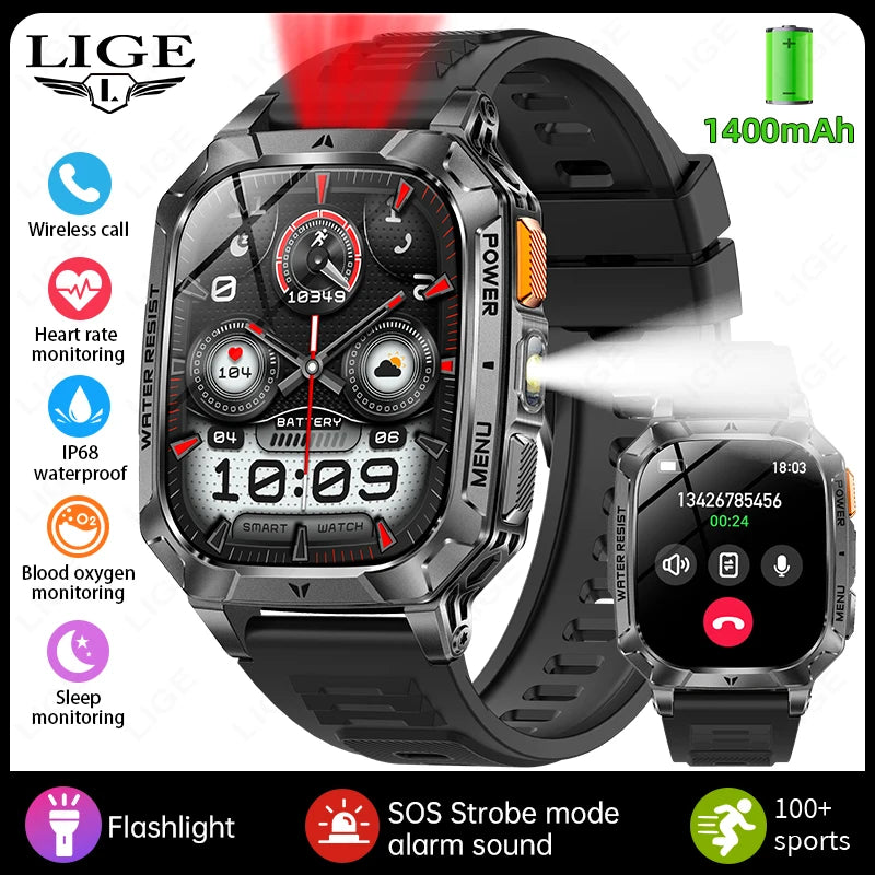LIGE Outdoor Military Smart Watch Men 1400mAh Big Battery LED Flashlight SOS Alarm Bluetooth Call 100+Sports Modes Waterproof Smartwatch For Android IOS