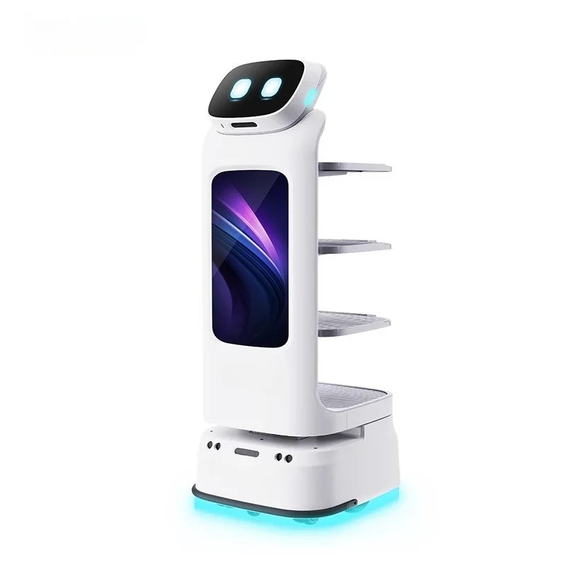 Robot repartidor autónomo blanco con pantalla azul y bandejas laterales