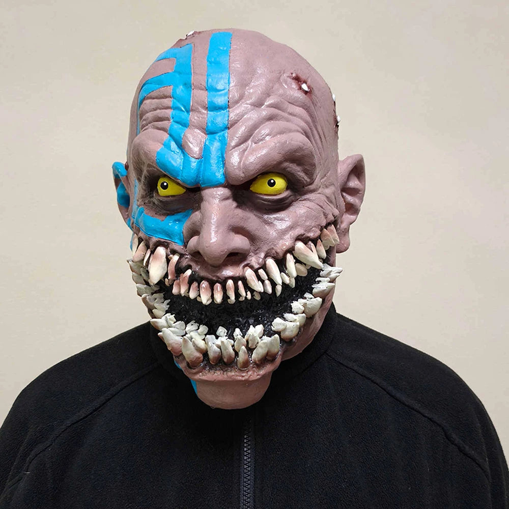 Game Mortal Kombat 11 Baraka Cosplay Mask Adults Blue Stripe Fanged Demon Latex Mask Horror Full Head Helmet Costume Accessory