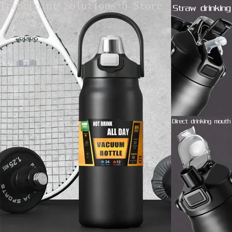 Botella térmica de acero inoxidable de gran capacidad, 1,2 litros, con aislamiento, doble tapa, pajita integrada, ideal para el gimnasio y para llevar agua.