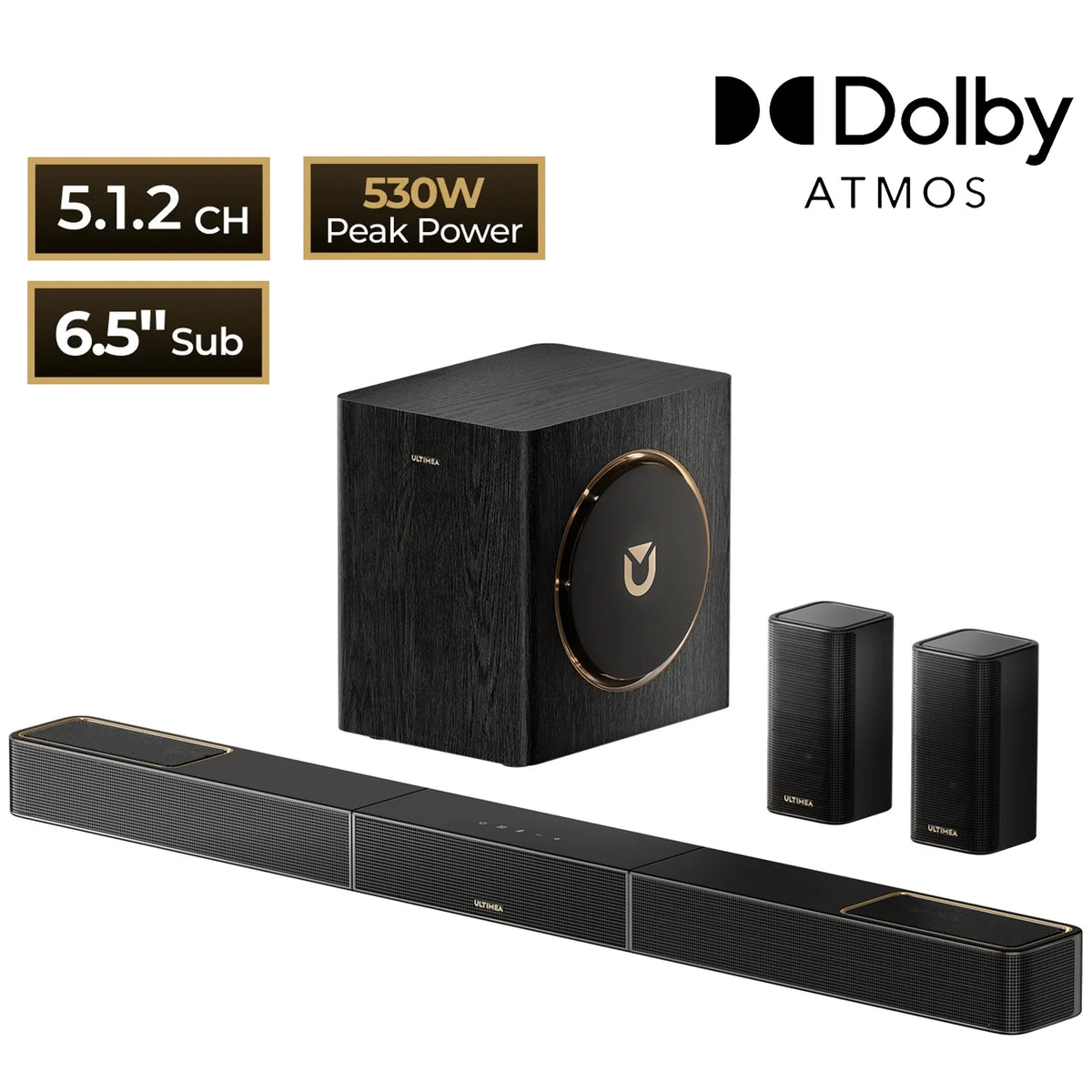 Barra de sonido 5.1.2 con subwoofer inalámbrico y altavoces traseros