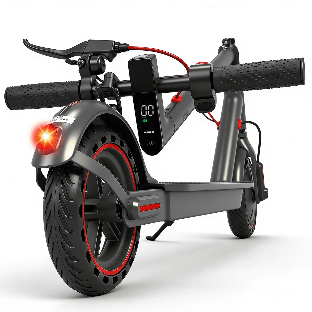 Patinete eléctrico negro con manillar, pantalla y faro frontal con luz roja.