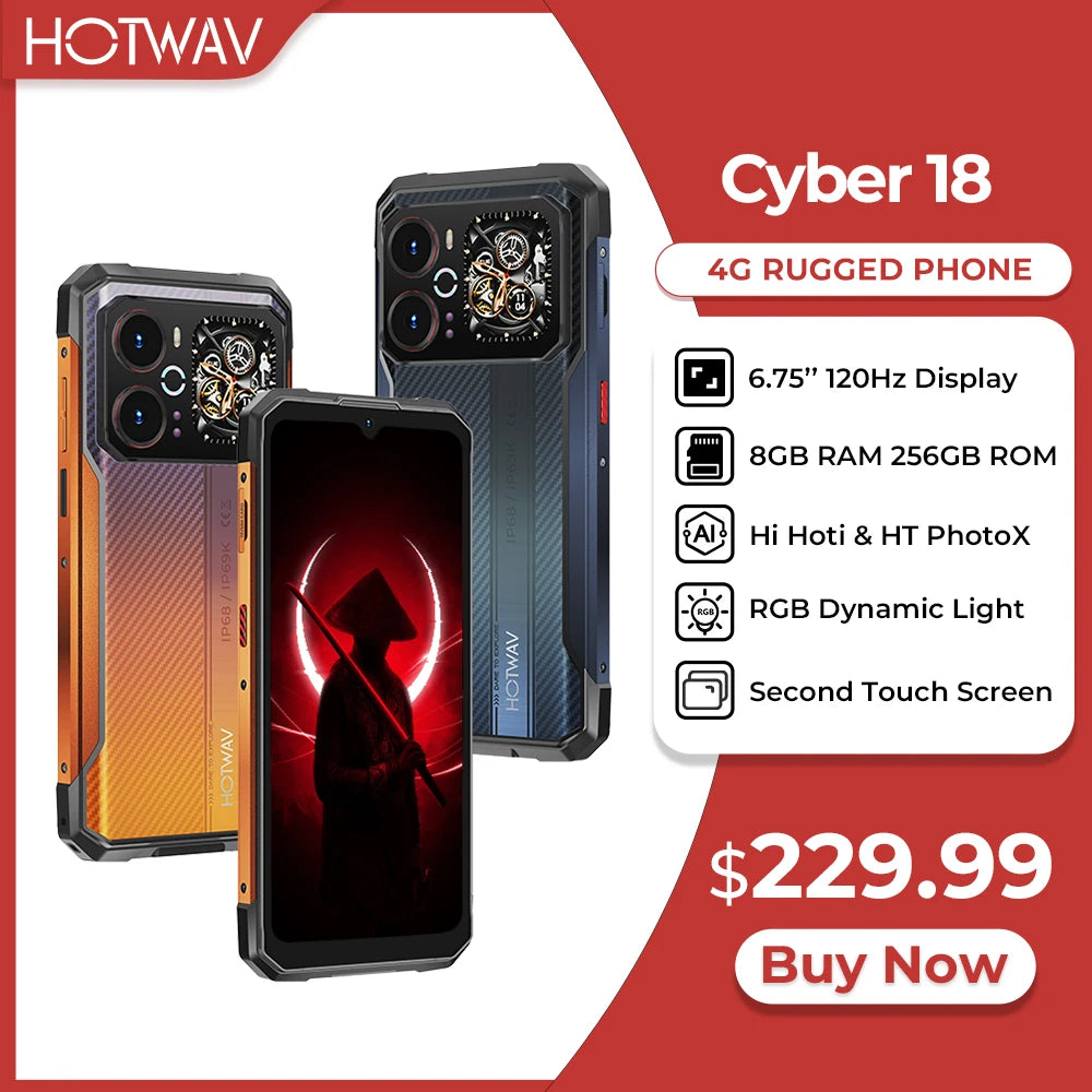 Smartphone resistente HOTWAV Cyber 18 de 6,75'', 120 Hz, Android 16, 8 GB + 256 GB, 64 MP, 20 MP, segunda pantalla táctil
