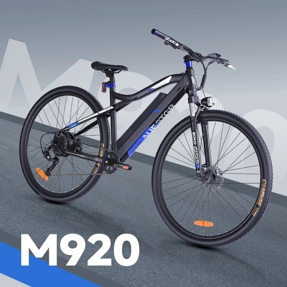 Bicicleta de montaña eléctrica PROTOUR M-920 de 29 pulgadas, cuadro de aleación de aluminio, motor de 250 W, transmisión de 9 velocidades, frenos de disco mecánicos delanteros y traseros, autonomía de 30 a 60 km