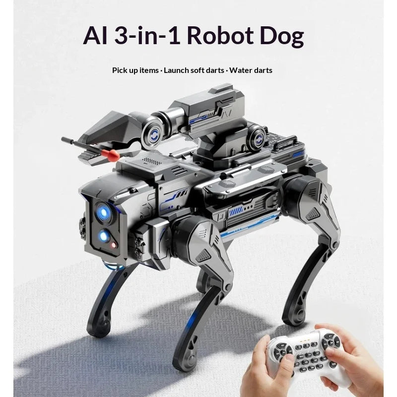 Perro robot mecánico gris con luces azules y control remoto en mano, vista lateral