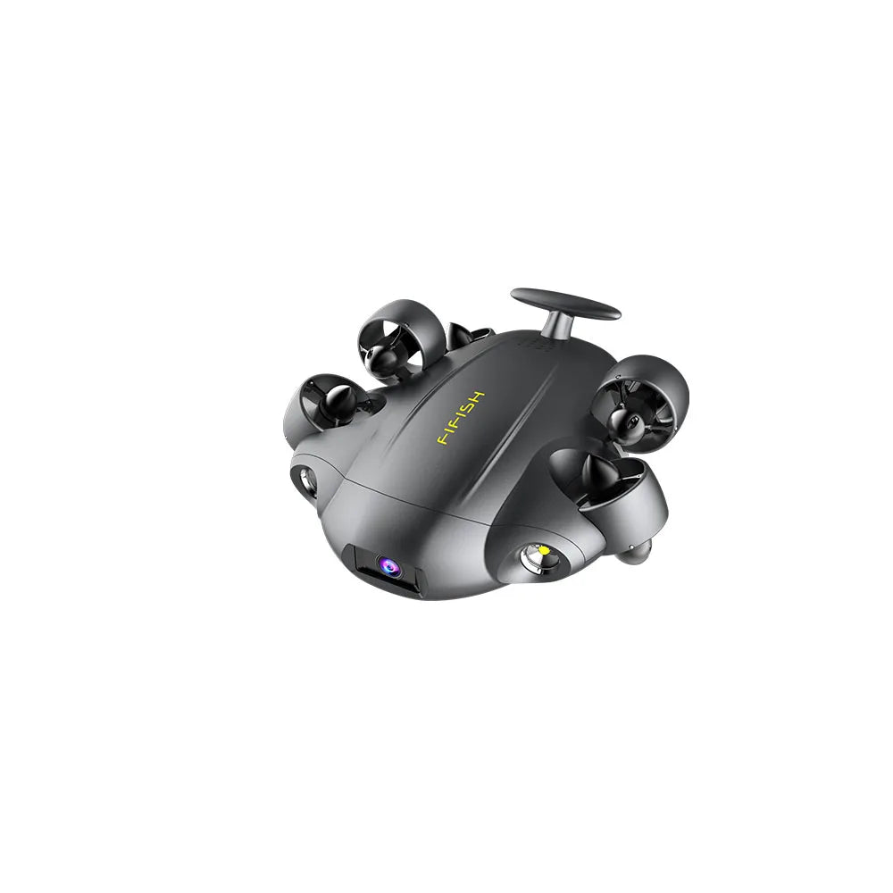 Robot submarino ROV gris en ángulo, con hélices traseras y cámara frontal
