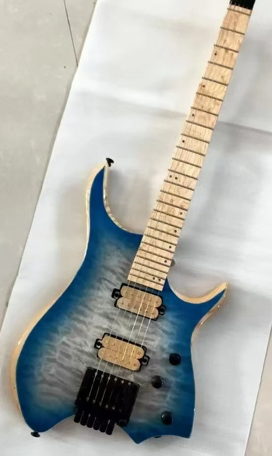 Tapa sólida de caoba de arce, 6 chapas de flores grandes, Color degradado azul y negro, nuevo cuerpo de madera de olmo sin cabeza, diapasón de guitarra eléctrica