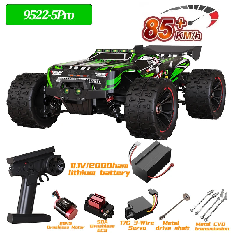 Coche RC 85 km/h verde y negro con neumáticos todoterreno; incluye control y baterías