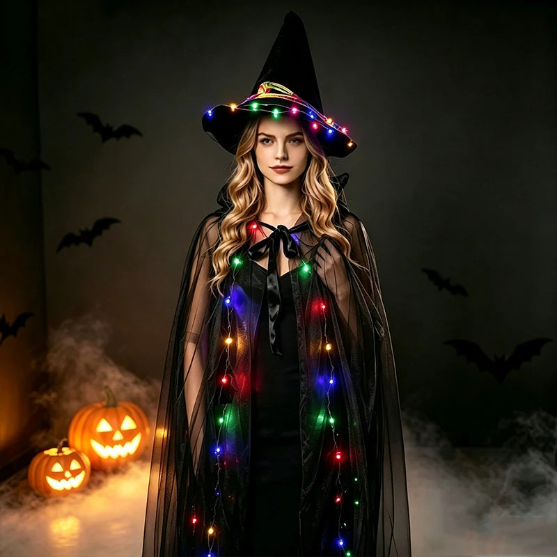 Capa de Tul con Capucha y Luces LED, Capa Larga Brillante, Disfraz de Bruja para Halloween, Cosplay, Carnaval, Fiesta Rave, Actuación en Escenario