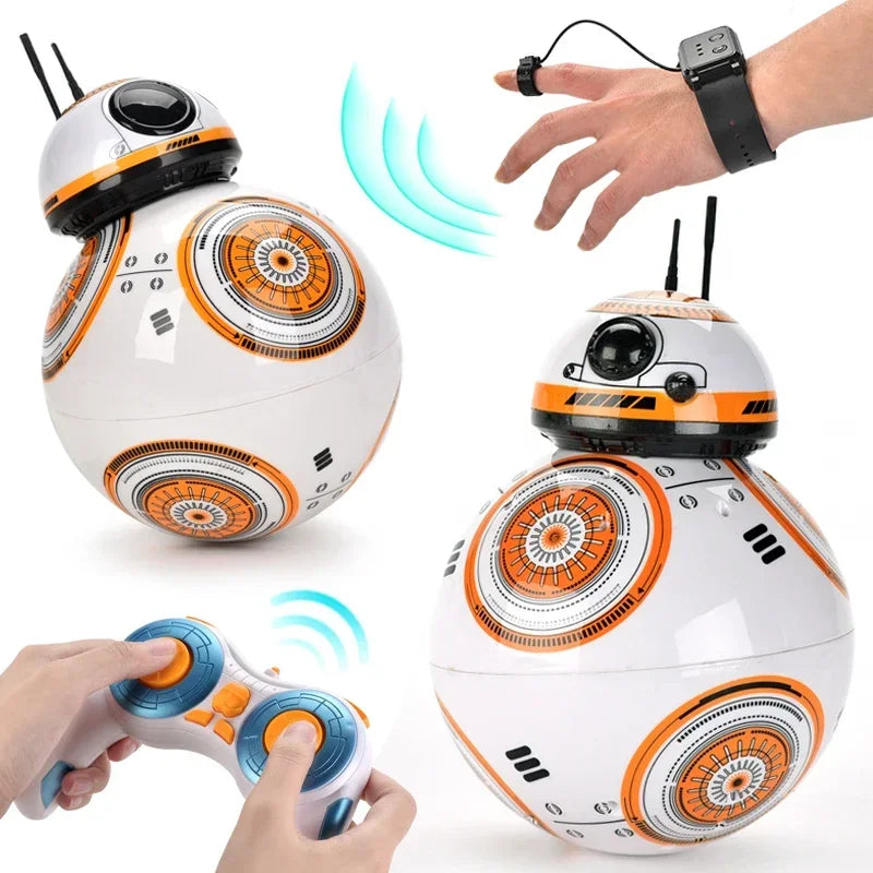 Robot esférico blanco y naranja con mando y luz azul de gestos