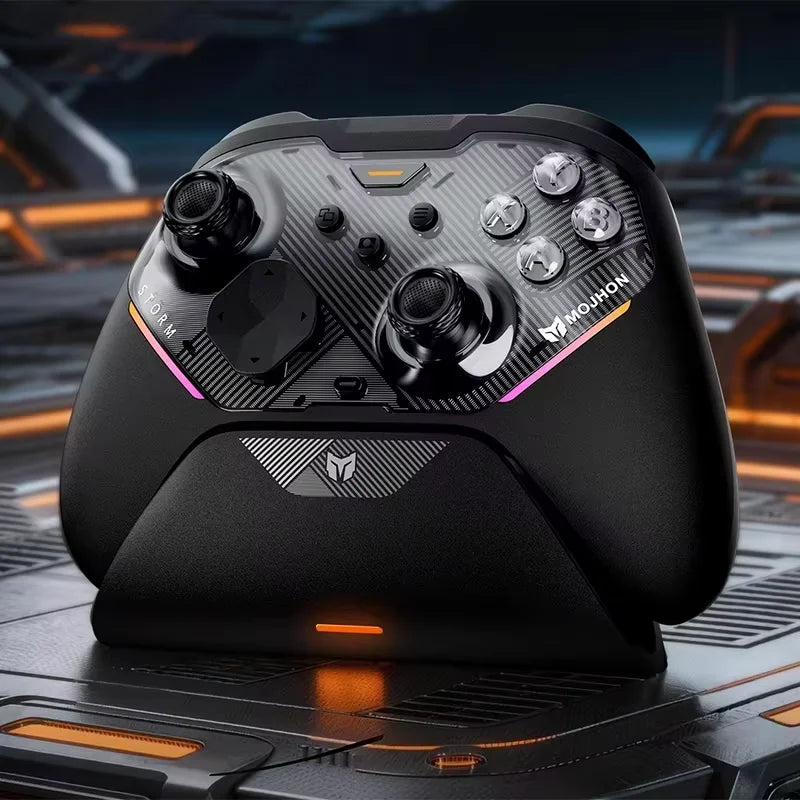 Controlador inalámbrico para juegos MOJHON Storm, tres modos (BT/2.4G/alámbrico), joystick TMR sin deriva, gatillos mecánicos y 4 botones traseros