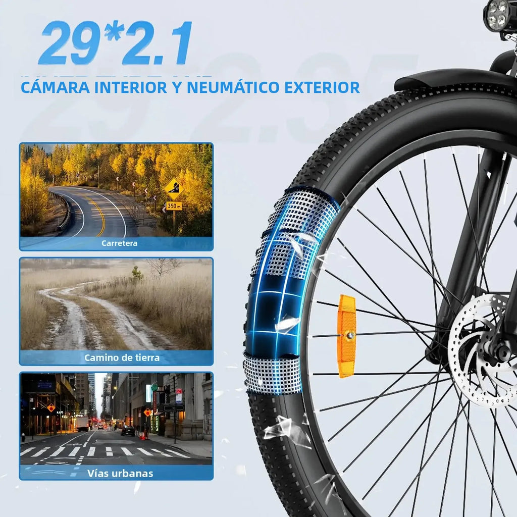 Bicicleta eléctrica ZAZAWORK C28 de 29 pulgadas, bicicleta eléctrica de largo alcance, motor de 250W, batería de 36V 20Ah, bicicleta eléctrica de 120km para adultos, bicicleta urbana de cercanías, frenos de disco mecánicos, con certificación CE