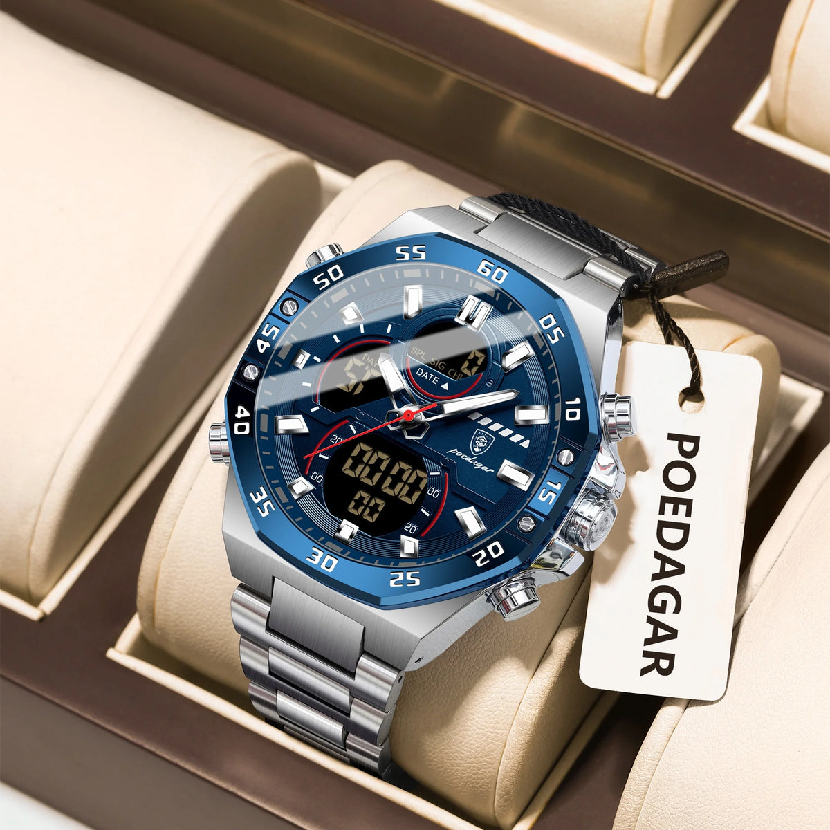 Reloj para hombre POEDAGAR de cuarzo, LED, luminoso, resistente al agua, con fecha y día, de acero inoxidable, a la moda, militar, digital.