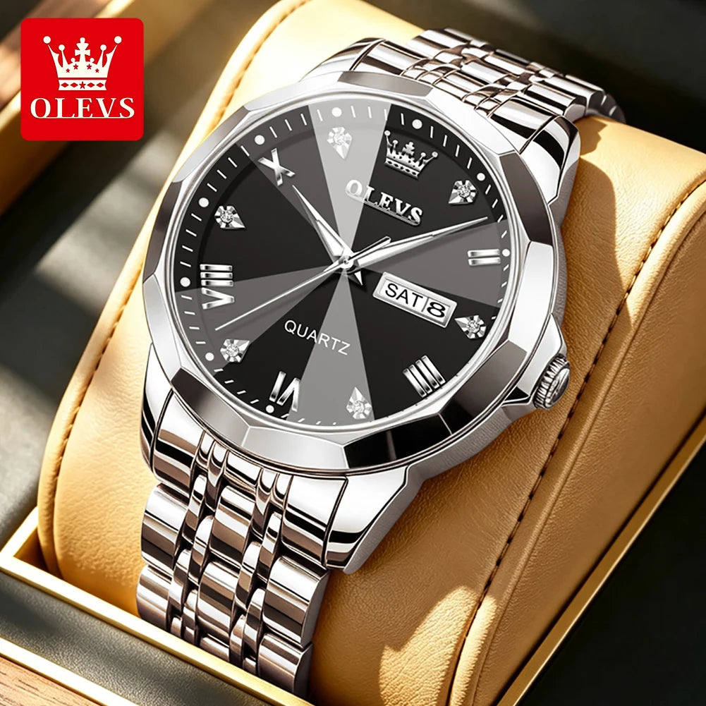 Reloj OLEVS 9931 de gran venta para hombre, moda, espejo de rombo, correa de acero sólido, fecha, resistente al agua, luminoso, reloj de cuarzo original para hombre