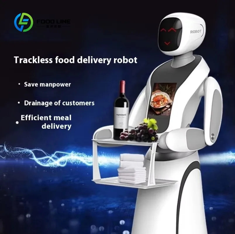 Robot de entrega de comida blanco con bandeja y botella, pantalla negra superior