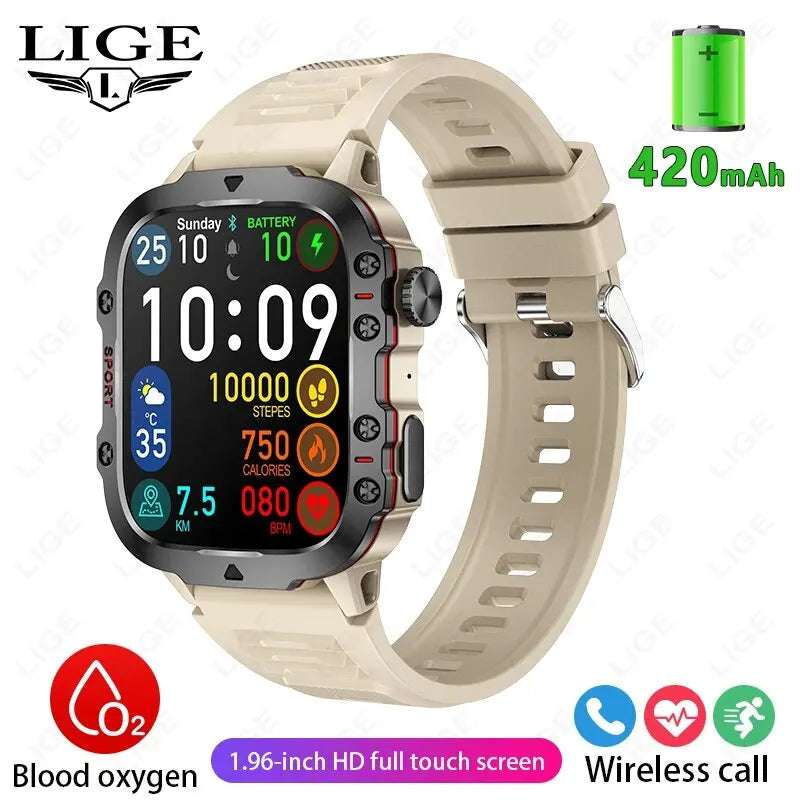 LIGE Nuevo Reloj Inteligente Pantalla de 1.96 Pulgadas 420 mAh Llamada Bluetooth Asistente de Voz Reloj Deportivo Fitness Reloj Inteligente Impermeable para Hombre