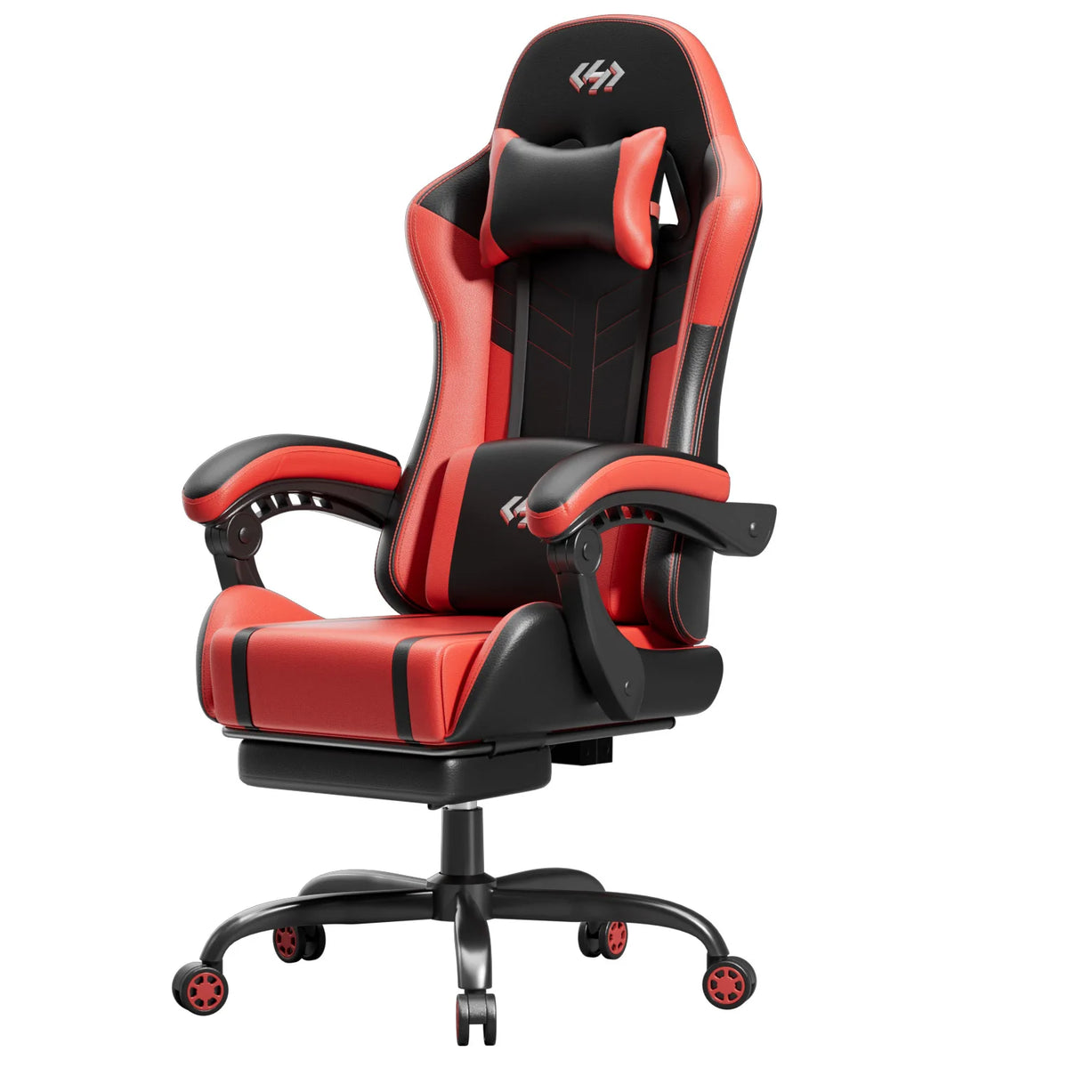 Silla de gaming ergonómica roja y negra con reposacabezas y apoyabrazos acolchados
