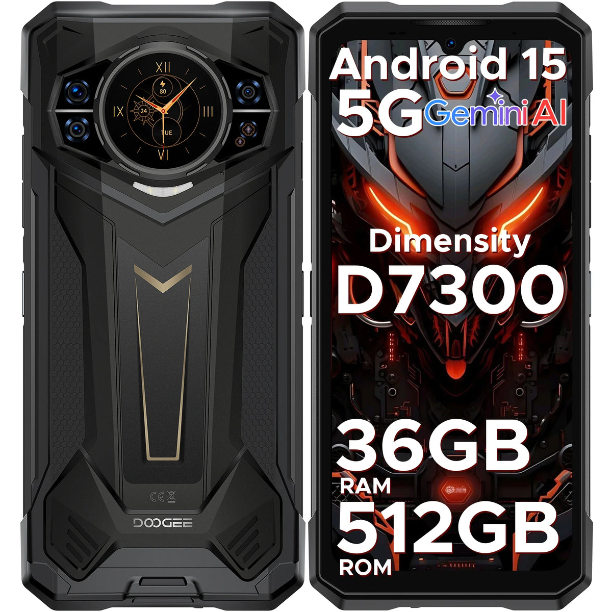 Teléfono rugerizado Doogee S200 Plus 5G con IA, 32 GB (12+20) 512 GB, procesador Dimensity 7300, móvil gaming con pantalla trasera de 1.32'' y pantalla principal