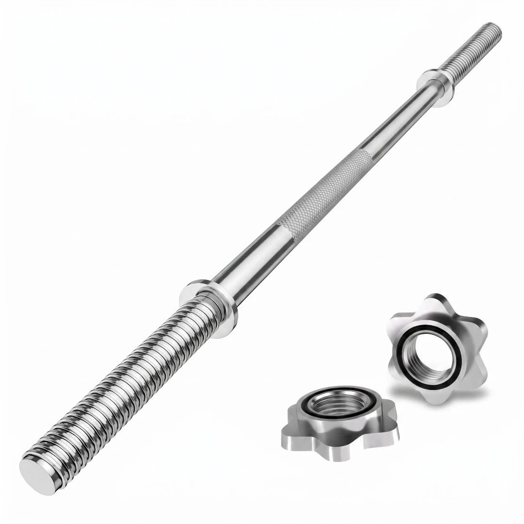 Barra de Pesas de Acero Inoxidable, 1.2 Metros de Largo y 1 Pulgada (25 mm) de Ancho, Equipada con Agarres Antideslizantes y Incluye 2 Tuercas en Forma de Estrella (Los Discos de Pesas No Están Incluidos)