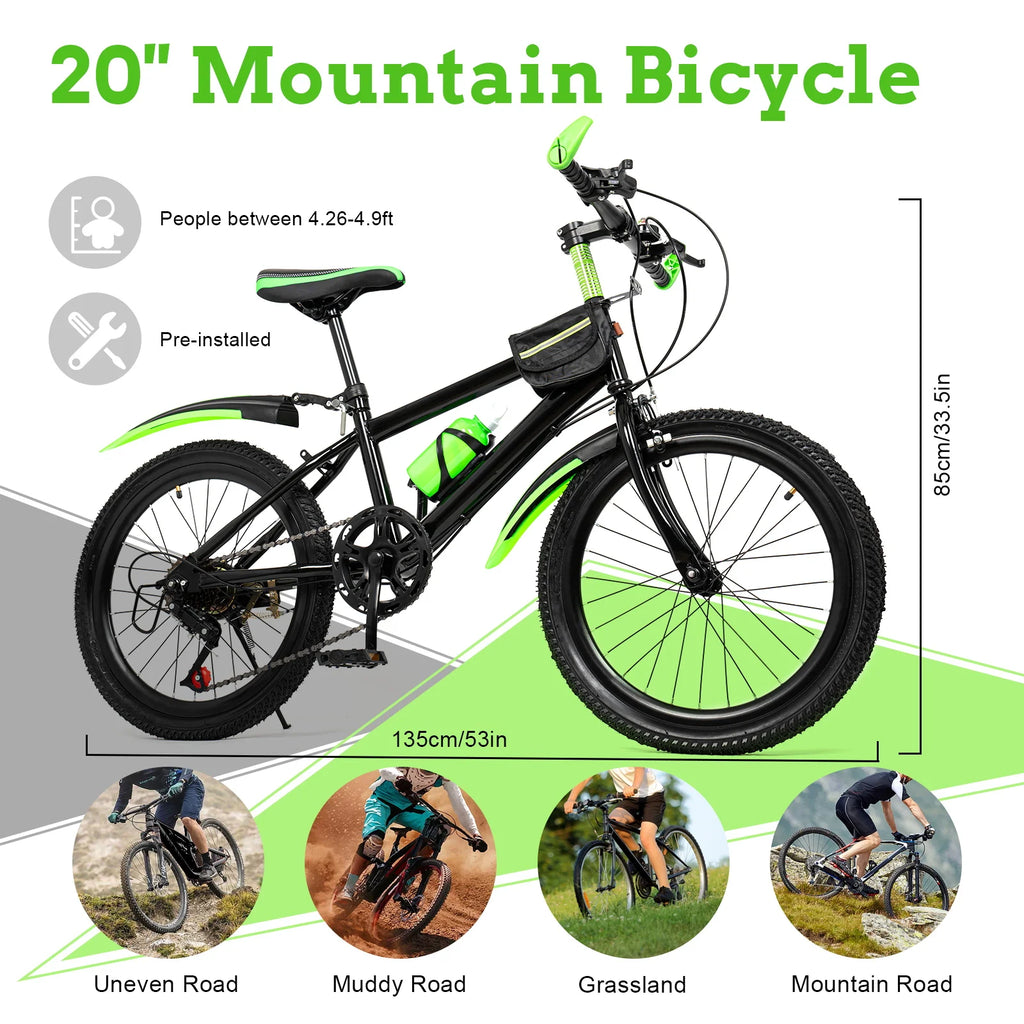 Bicicleta de montaña de 20 pulgadas, 7 velocidades, bicicleta infantil con sillín ajustable, guardabarros, portabidón y bidón para niños y niñas de 8 a 13 años