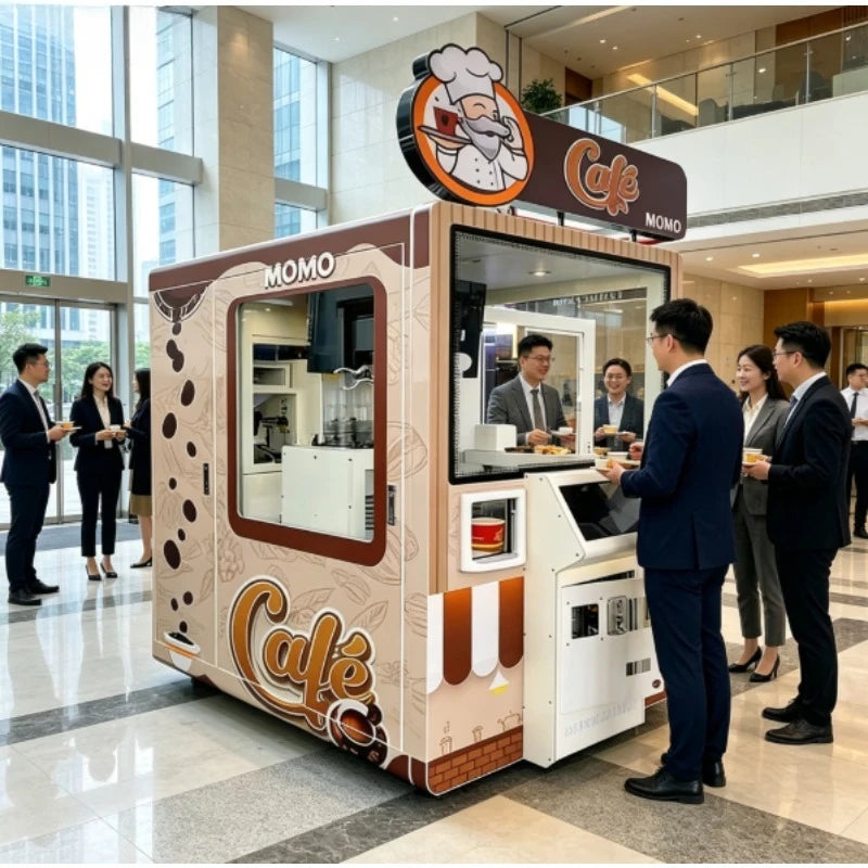 Máquina expendedora robótica de café, cabina beige con letrero “Cafe” y ventana.