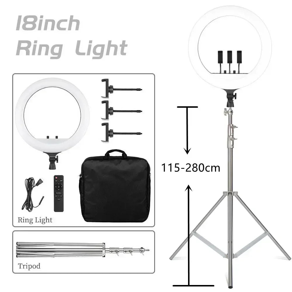 Aro de Luz LED de 45CM / 18 Pulgadas con Diferentes Estilos de Trípode o Soporte o Sin Soporte, Aro de Luz LED Grande de 18 Pulgadas con Control Remoto, Trípode, Soporte para Teléfono, Iluminación para Transmisiones en Vi