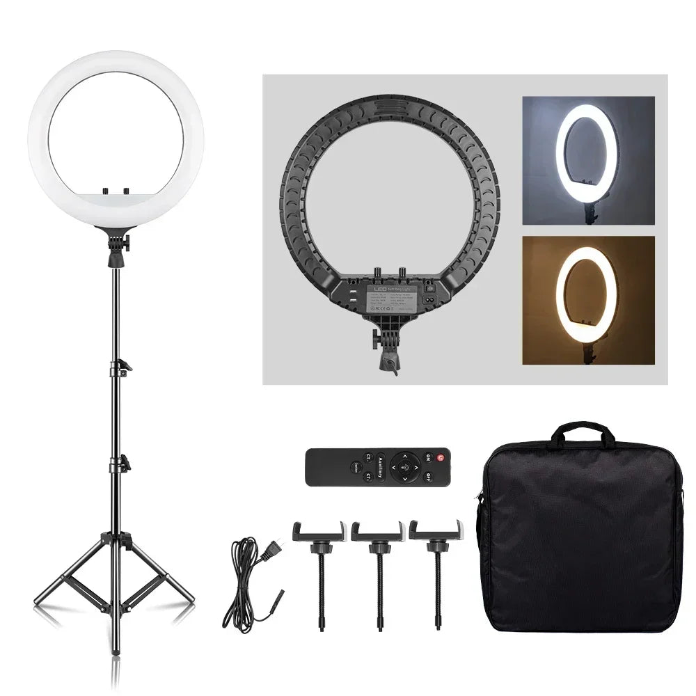 Aro de Luz LED de 45CM / 18 Pulgadas con Diferentes Estilos de Trípode o Soporte o Sin Soporte, Aro de Luz LED Grande de 18 Pulgadas con Control Remoto, Trípode, Soporte para Teléfono, Iluminación para Transmisiones en Vi