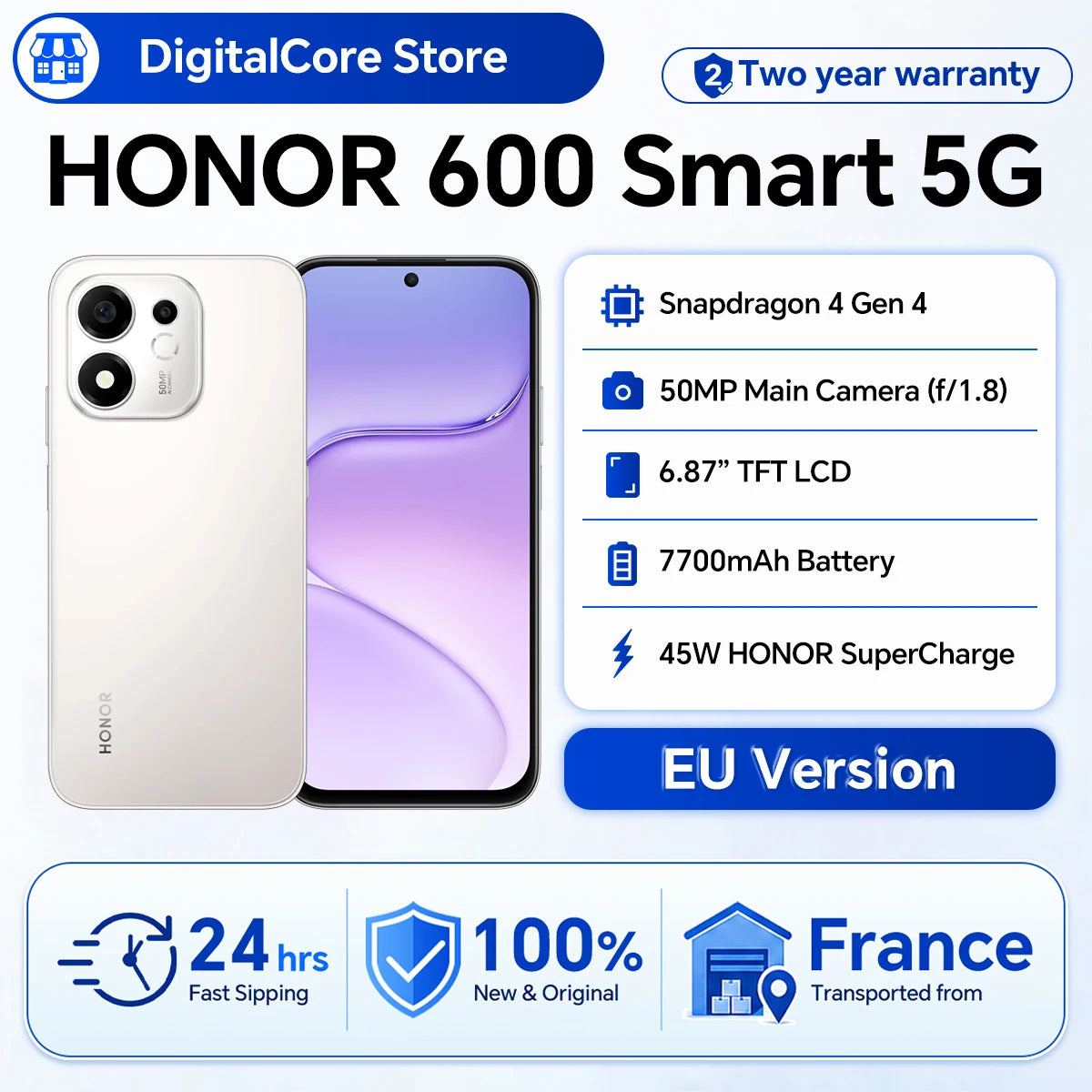 Smartphone HONOR 600 Smart 5G Versión UE, batería de 7700 mAh, SuperCharge de 45 W, Snapdragon 4 Gen4, MagicOS 10, pantalla de 6,87", cámara trasera de 50 MP