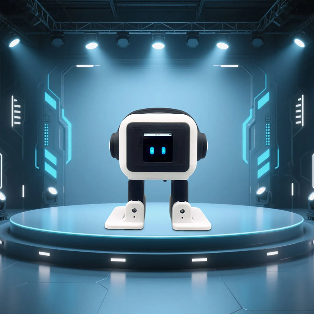 Robot mascota de juguete negro con pantalla frontal azul y base circular
