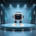 Robot mascota de juguete negro con pantalla frontal azul y base circular