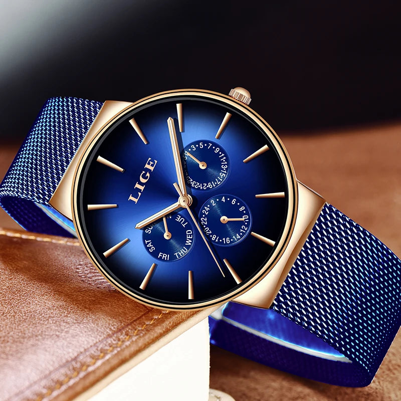 Nuevo reloj de moda para mujer LIGE elegante, lujoso, sencillo, ultrafino, con correa de malla de acero, de cuarzo, resistente al agua y con calendario casual.
