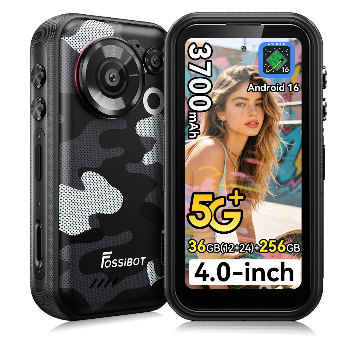 Teléfono resistente Fossibot F116 Pro 5G 36(12+24)GB+256GB, pantalla mini de 4 pulgadas, batería de 3700mAh, 33W, Dimensity 7300, 12GB+256GB, Android 16, cámara de acción gran angular de 152.6°, 50MP+48MP+32MP