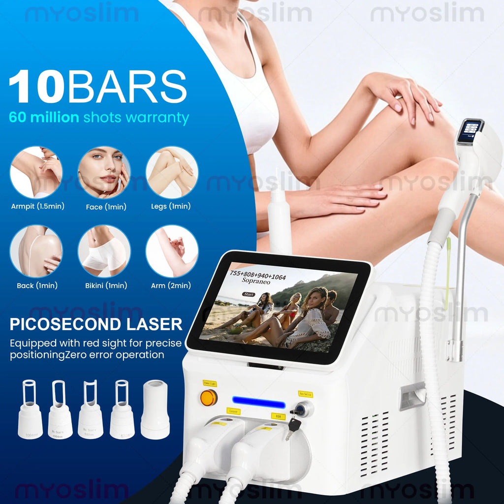 Dispositivo láser de diodo picosegundo FAC 6000W Soprano 2 en 1 de 4 longitudes de onda 755 808 940 1064nm para la reducción permanente del vello y la eliminación de tatuajes