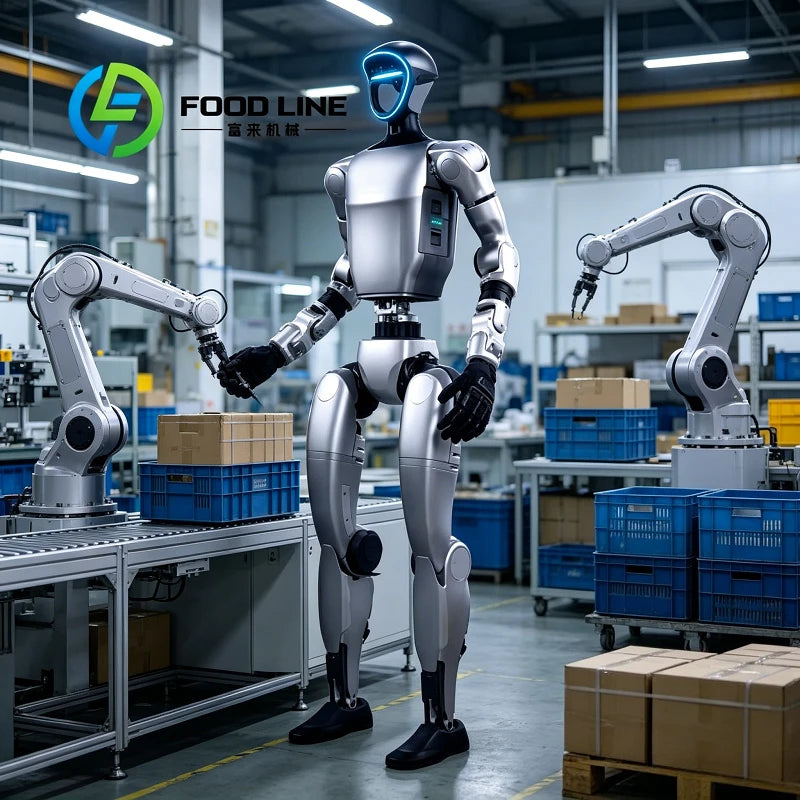 Robot humanoide plateado con brazos articulados y visor azul