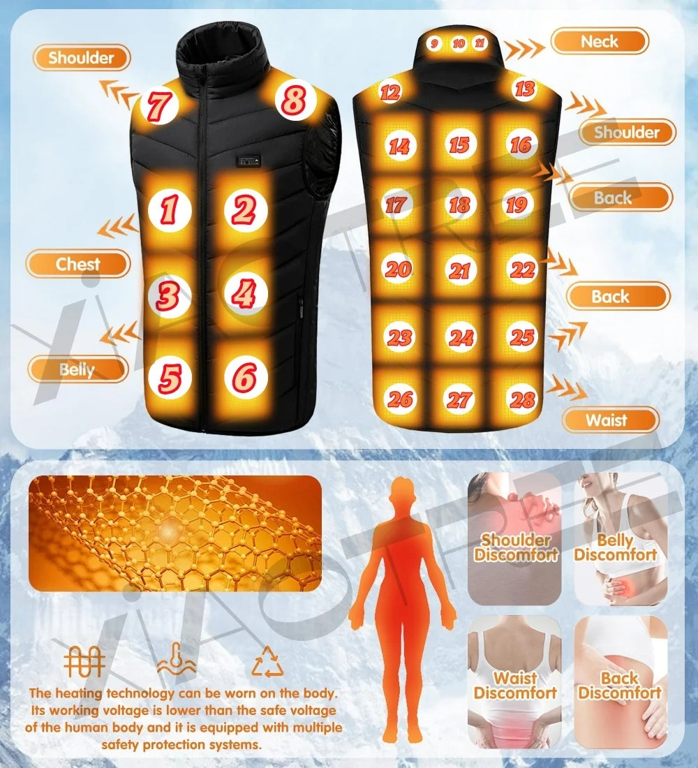Chaleco calefactable de 28/9 áreas para hombre, chaqueta calefactable de invierno para mujer, calentador USB eléctrico, chaqueta de Camping, chaleco térmico para hombre, abrigo calentador corporal 6XL