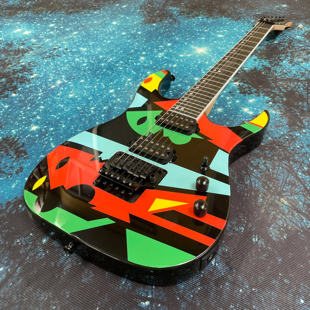 Guitarra con diseño geométrico colorido, mástige ultrafino con tacto cómodo, guitarra eléctrica de rock y metal con doble pastilla.