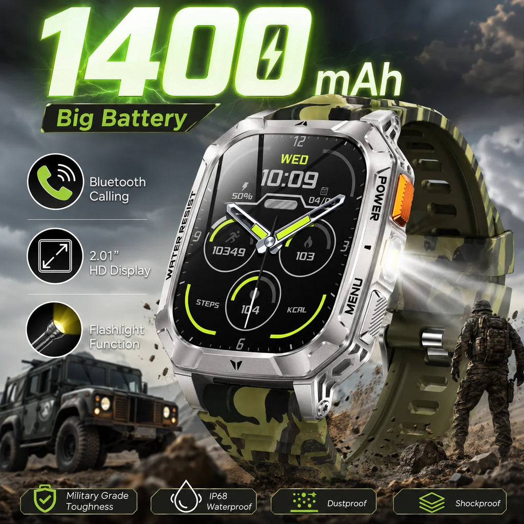 Reloj inteligente militar LIGE de 1400 mAh con batería de larga duración, pantalla HD de 2.01", linterna LED y luz SOS, llamadas BT y monitor de salud para hombre