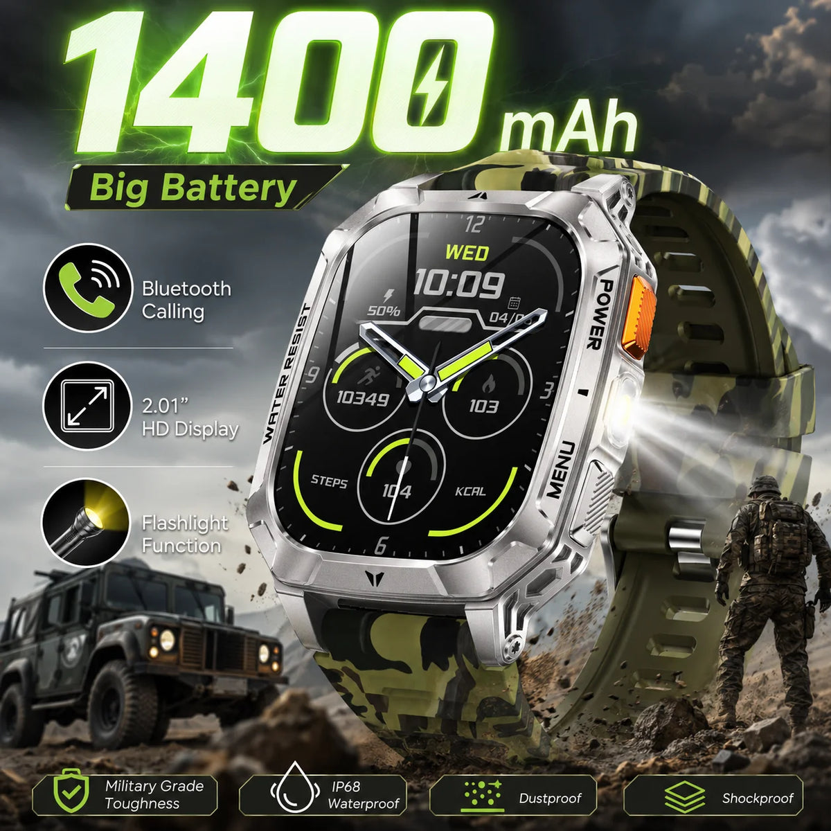 Reloj inteligente militar LIGE de 1400 mAh con batería de larga duración, pantalla HD de 2.01", linterna LED y luz SOS, llamadas BT y monitor de salud para hombre