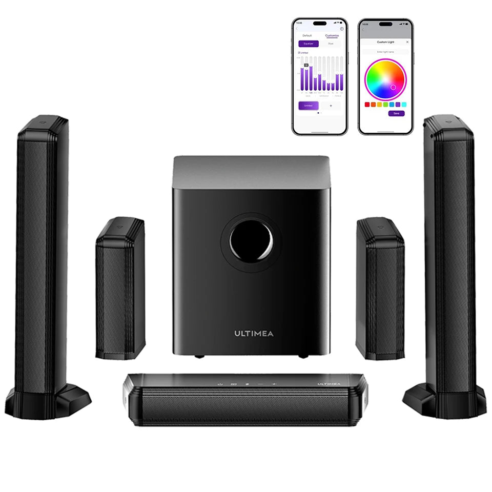 Barra de Sonido Envolvente ULTIMEA 7.1 con 2 Altavoces Envolventes y Subwoofer de 6.5 Pulgadas, Sistema de Sonido Envolvente para TV con RGB, Control por Aplicación
